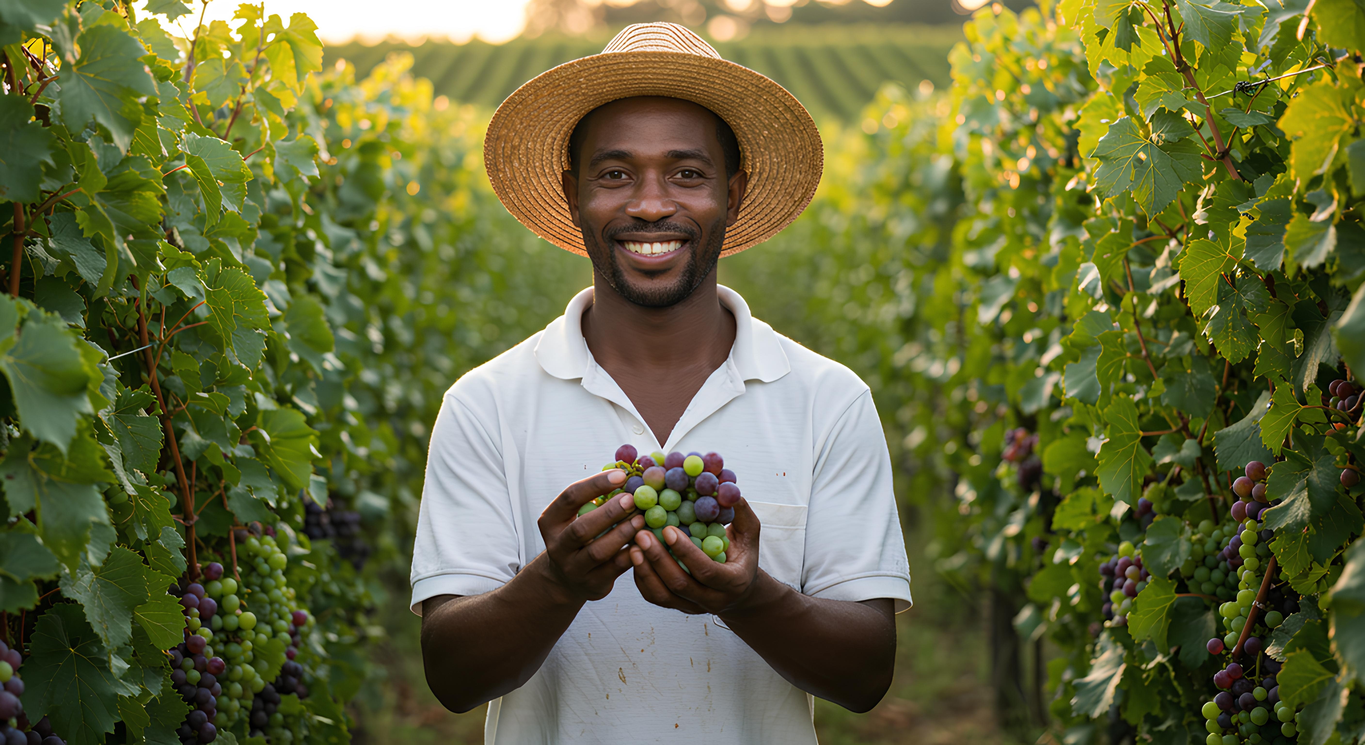 dark skinned man holding up grapes in a vinyard