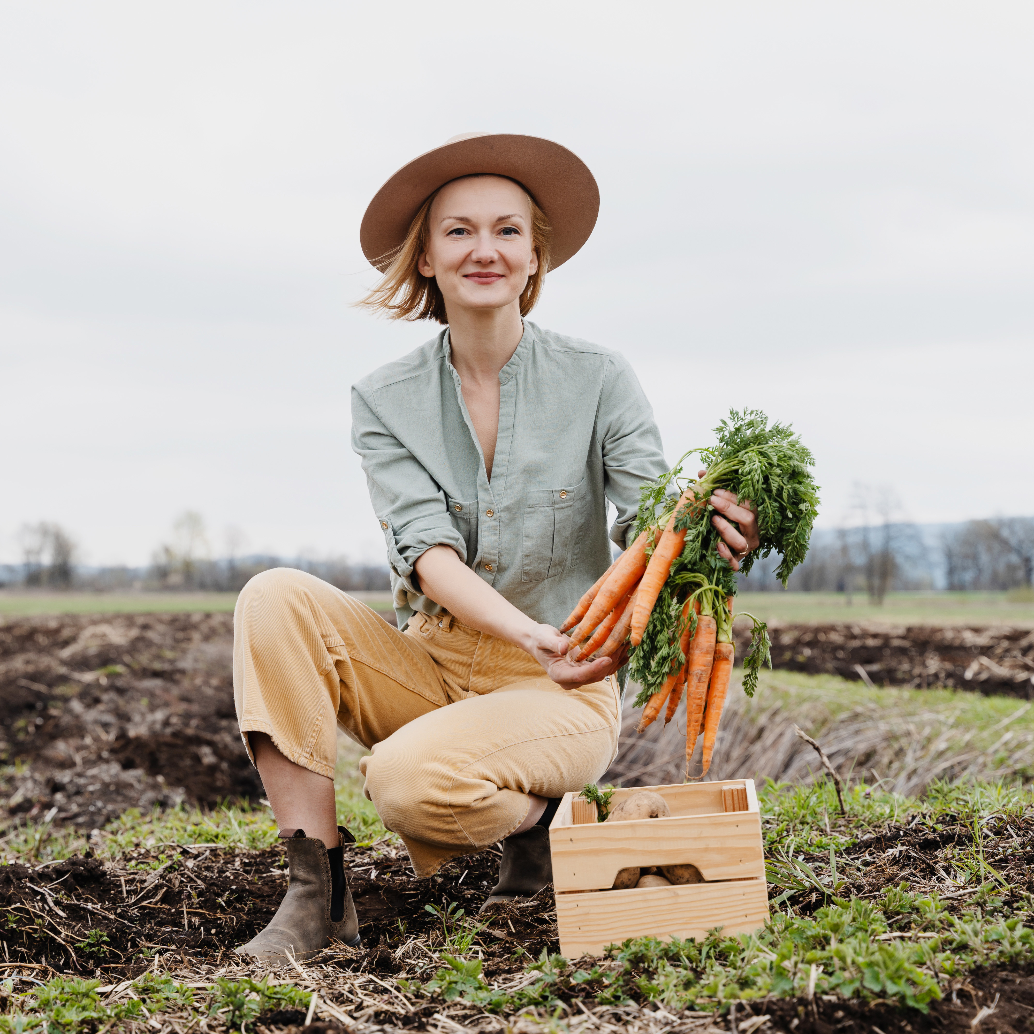 younger fair skinned woman holding up frewsh carrots for the camera